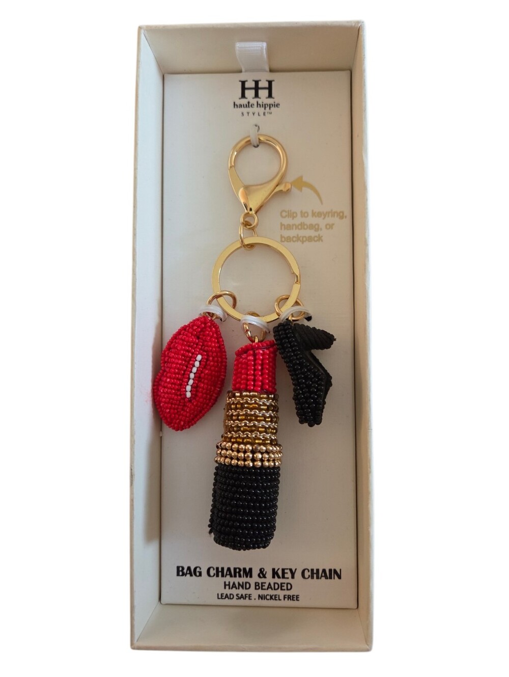Haute Hippie - Red, Black & Gold Beaded Lipstick Bag Charm Key Chain
